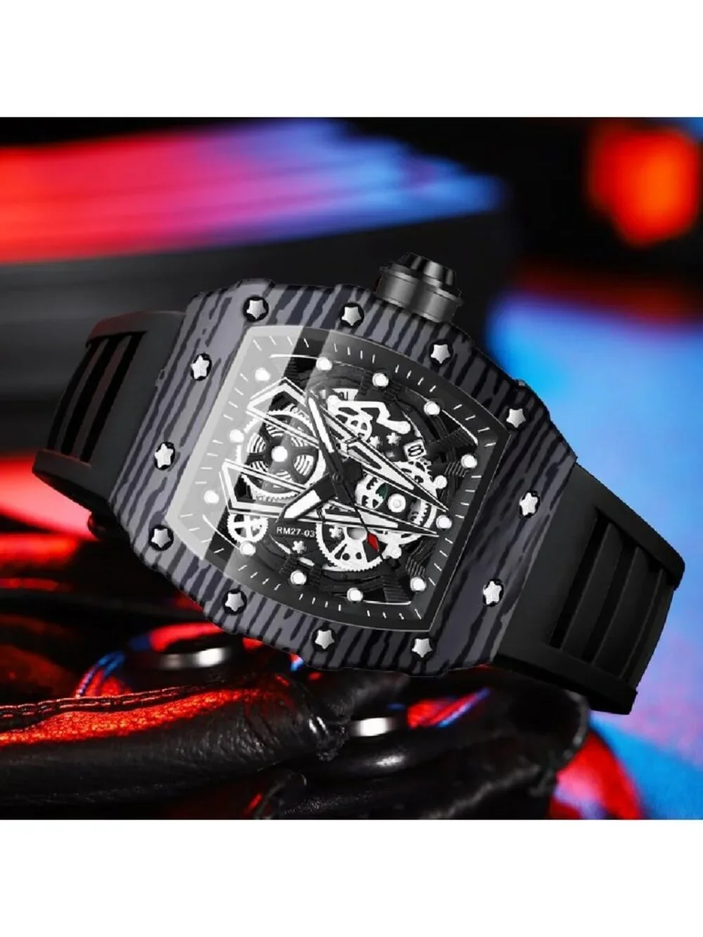 Men's All Black Analog Quartz Silicone Strap Barrel-Shaped Skeleton Luxury Watch